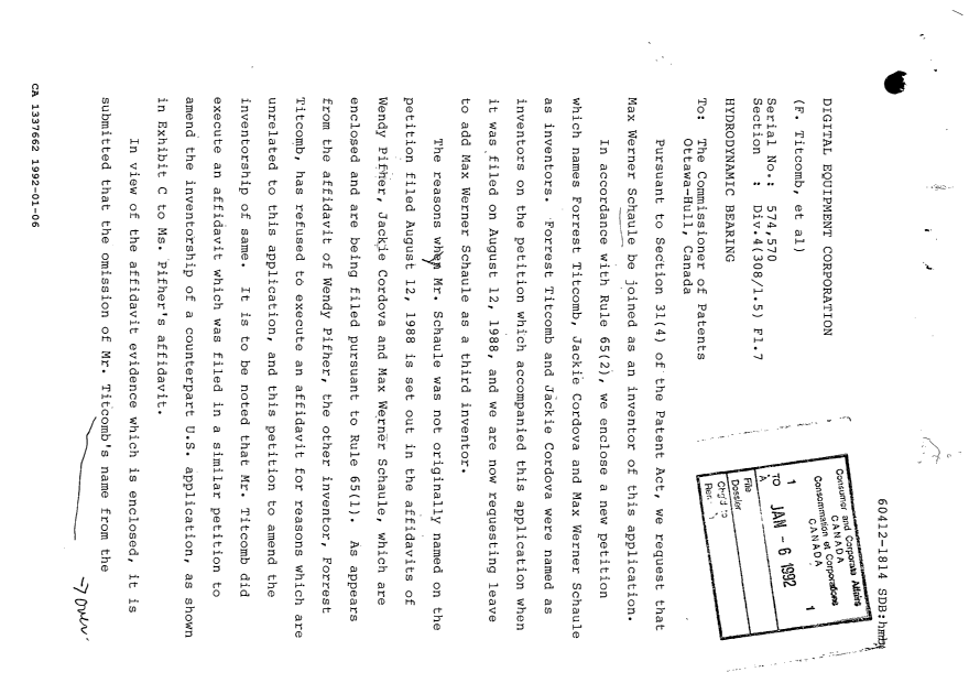 Document de brevet canadien 1337662. Correspondance reliée au PCT 19920106. Image 1 de 27