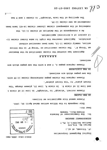 Canadian Patent Document 1337662. Prosecution Correspondence 19930720. Image 1 of 2