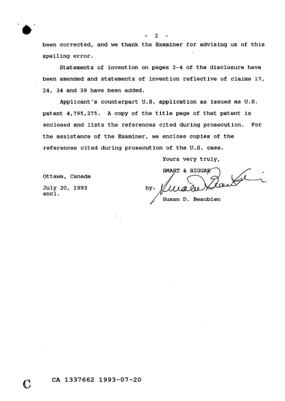 Canadian Patent Document 1337662. Prosecution Correspondence 19930720. Image 2 of 2