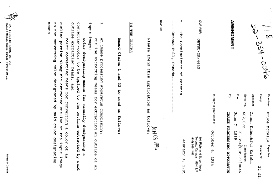 Canadian Patent Document 1338342. Prosecution Correspondence 19950103. Image 1 of 3