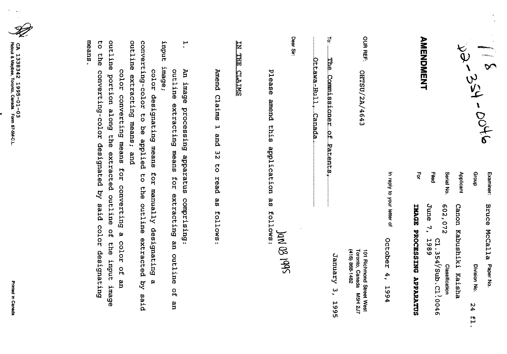 Canadian Patent Document 1338342. Prosecution Correspondence 19950103. Image 1 of 3