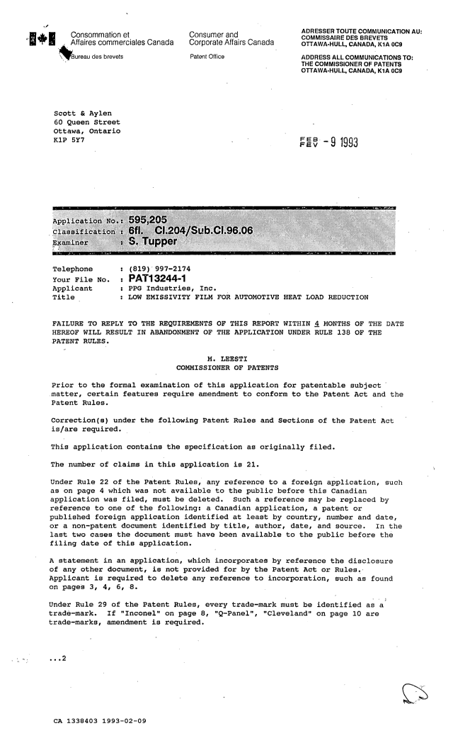 Document de brevet canadien 1338403. Demande d'examen 19930209. Image 1 de 2