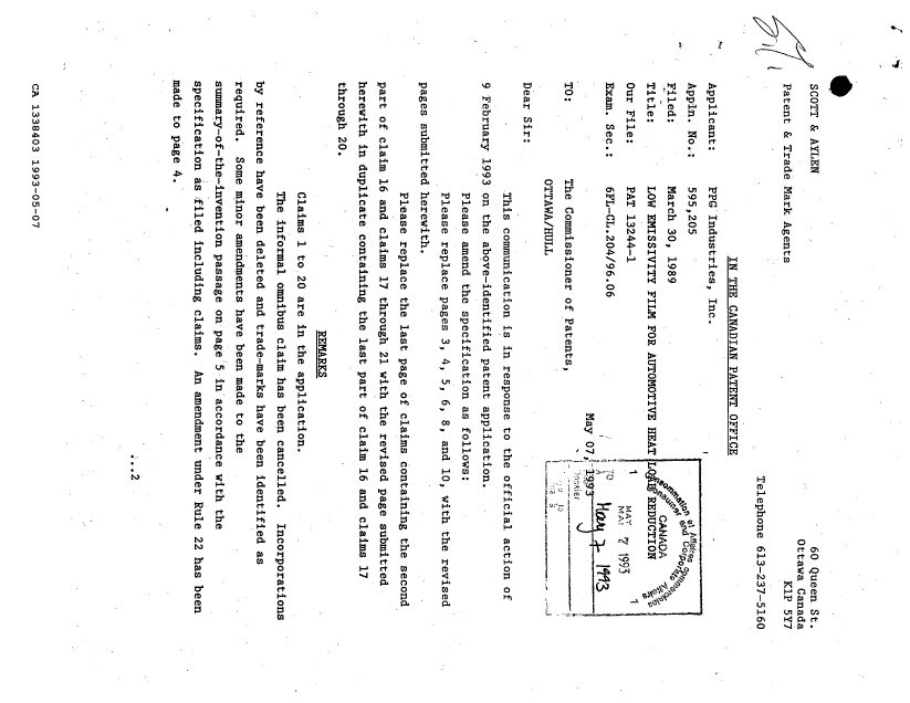 Document de brevet canadien 1338403. Correspondance de la poursuite 19930507. Image 1 de 5