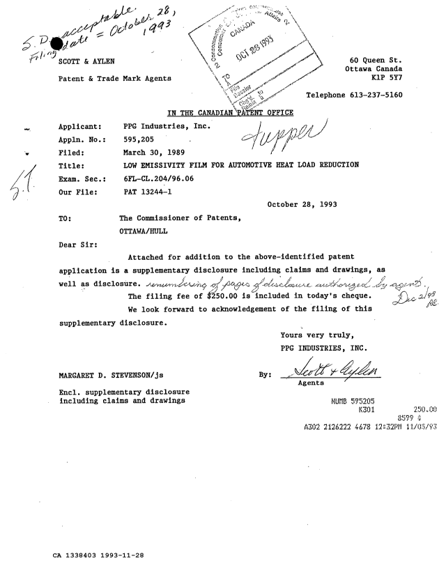 Document de brevet canadien 1338403. Correspondance de la poursuite 19931128. Image 1 de 1