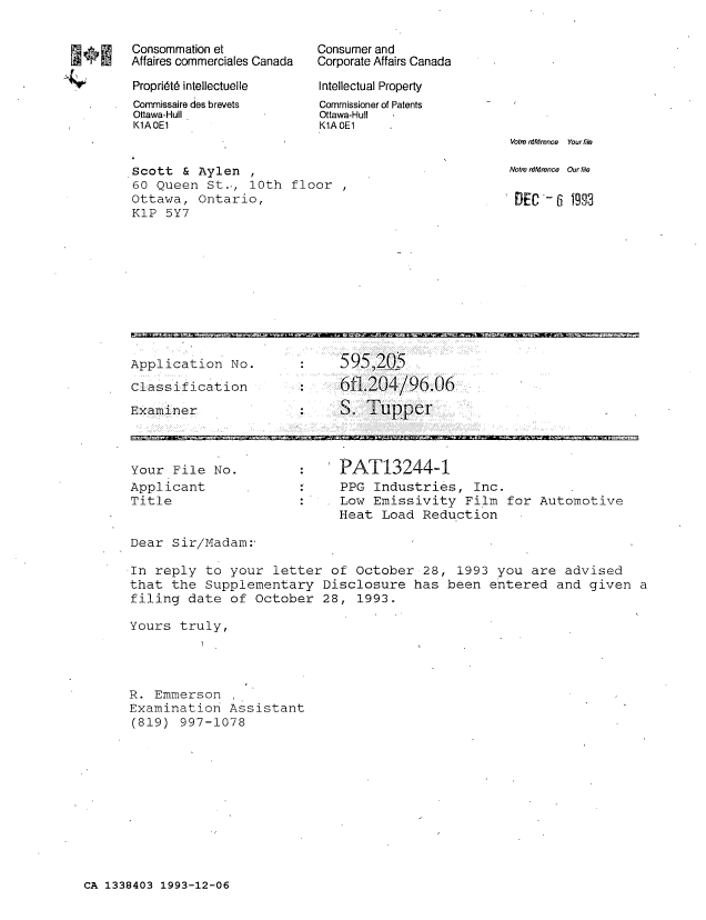 Document de brevet canadien 1338403. Lettre du bureau 19931206. Image 1 de 1