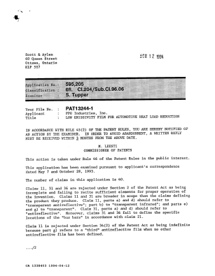 Canadian Patent Document 1338403. Examiner Requisition 19940412. Image 1 of 2