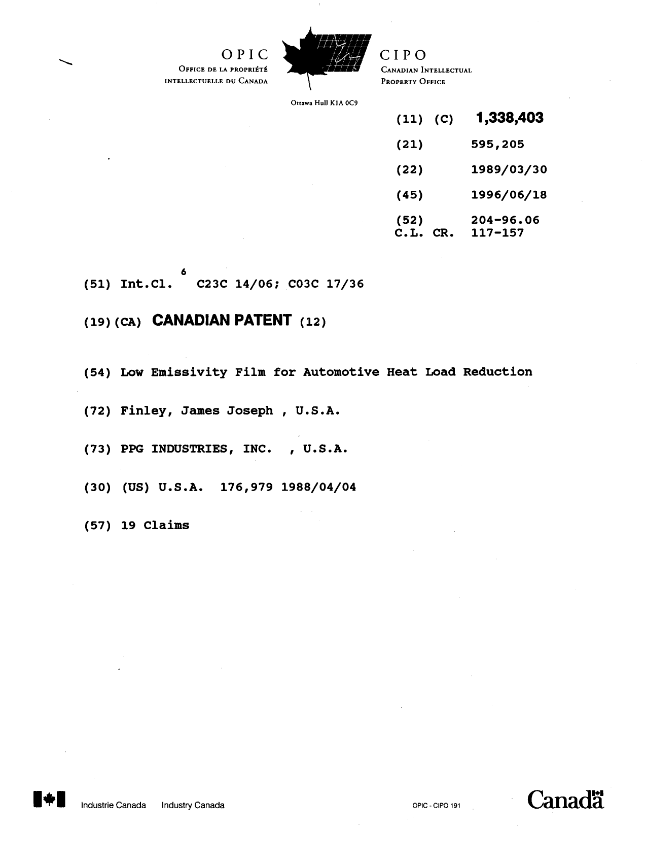 Document de brevet canadien 1338403. Page couverture 19960618. Image 1 de 1
