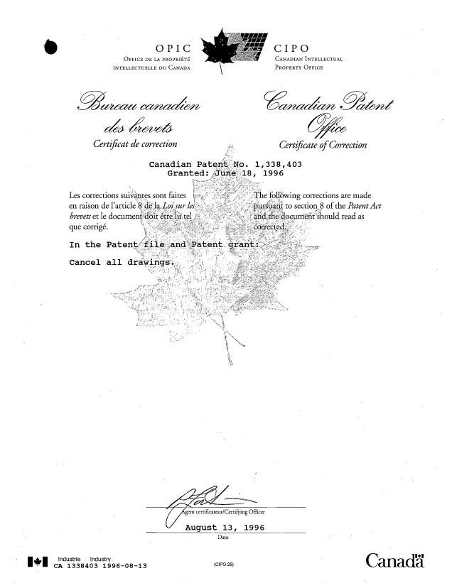 Document de brevet canadien 1338403. Lettre du bureau 19960813. Image 1 de 1