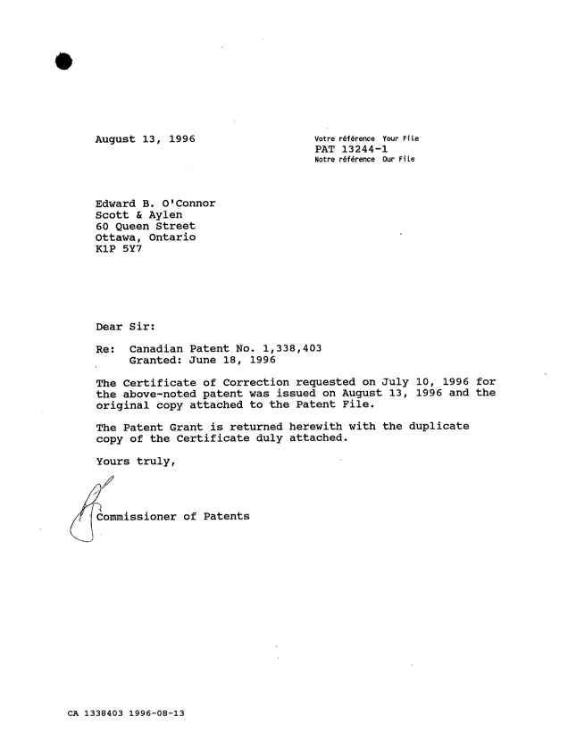 Canadian Patent Document 1338403. Office Letter 19960813. Image 1 of 1
