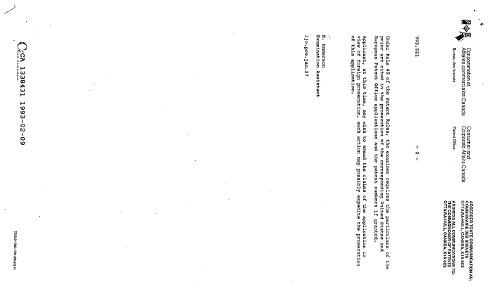 Document de brevet canadien 1338431. Demande d'examen 19930209. Image 2 de 2