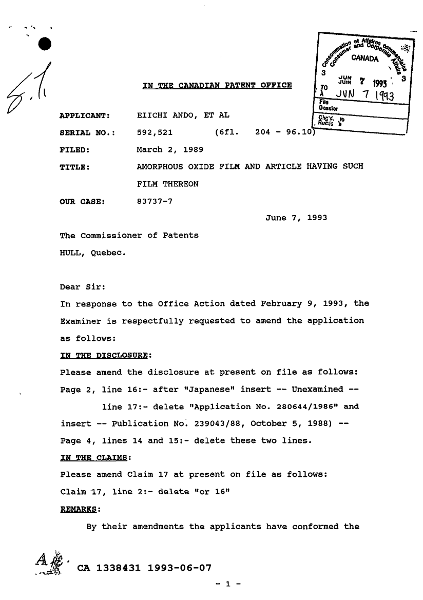 Canadian Patent Document 1338431. Prosecution Correspondence 19930607. Image 1 of 13
