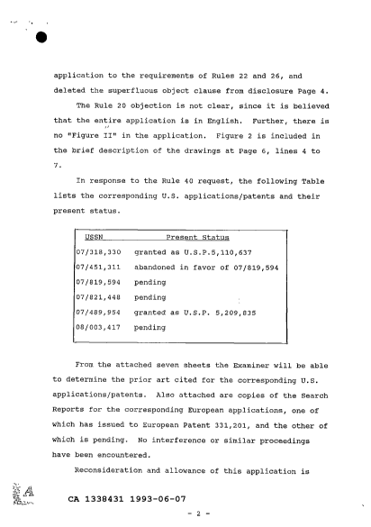 Canadian Patent Document 1338431. Prosecution Correspondence 19930607. Image 2 of 13