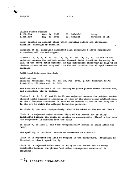 Canadian Patent Document 1338431. Examiner Requisition 19940202. Image 2 of 3