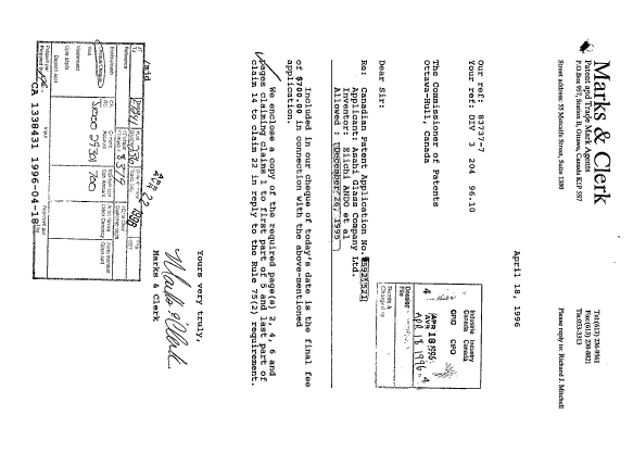 Canadian Patent Document 1338431. Prosecution Correspondence 19960418. Image 1 of 1