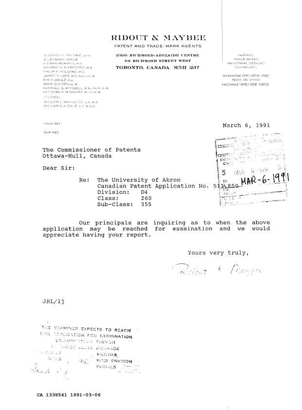 Document de brevet canadien 1338541. Correspondance reliée au PCT 19910306. Image 1 de 1