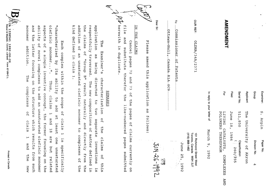 Canadian Patent Document 1338541. Prosecution Correspondence 19920626. Image 1 of 4