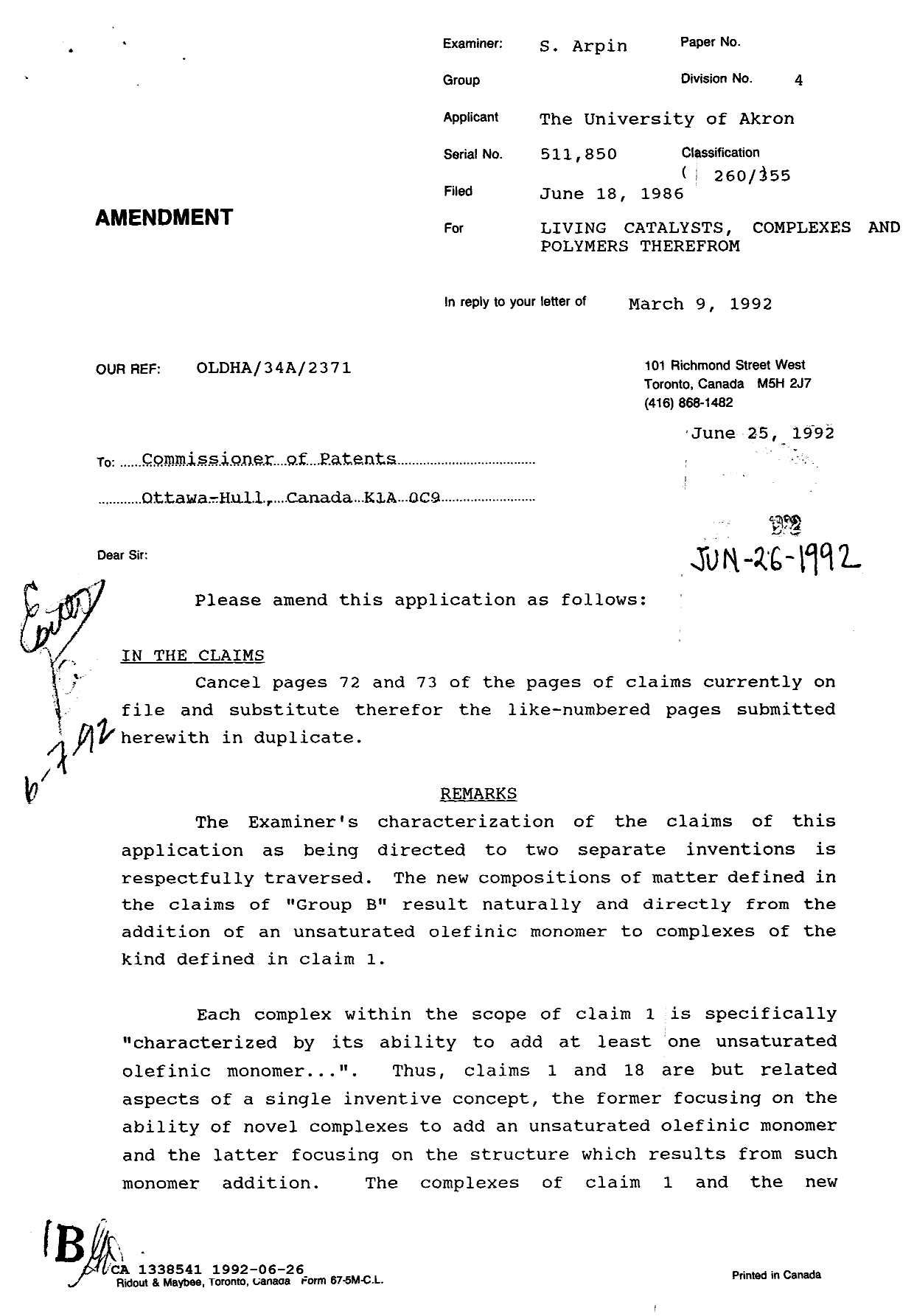 Canadian Patent Document 1338541. Prosecution Correspondence 19920626. Image 1 of 4
