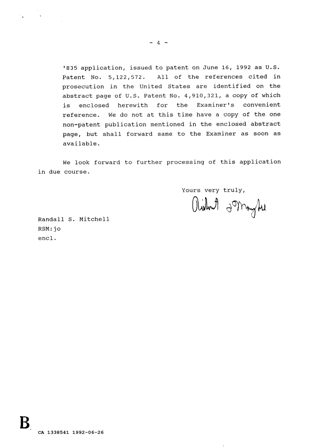 Canadian Patent Document 1338541. Prosecution Correspondence 19920626. Image 4 of 4