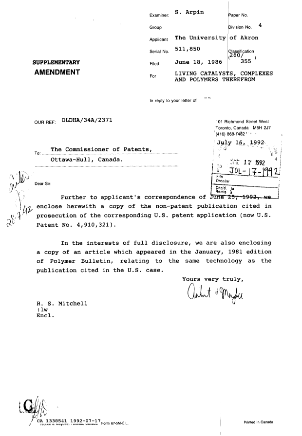 Document de brevet canadien 1338541. Correspondance de la poursuite 19920717. Image 1 de 1