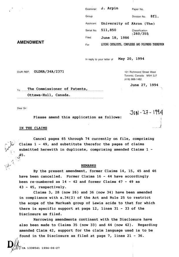 Canadian Patent Document 1338541. Prosecution Correspondence 19940627. Image 1 of 2