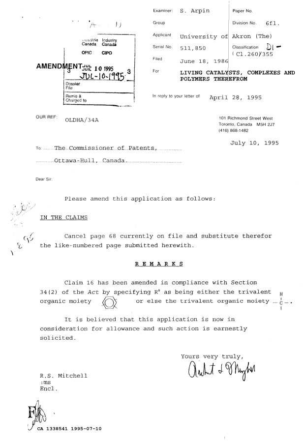 Canadian Patent Document 1338541. Prosecution Correspondence 19950710. Image 1 of 1
