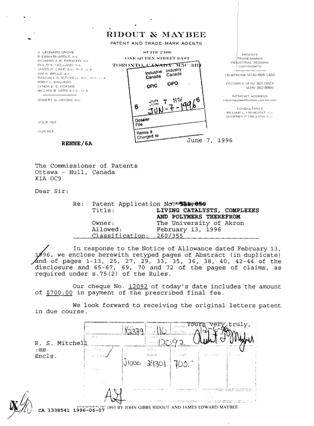Document de brevet canadien 1338541. Correspondance de la poursuite 19960607. Image 1 de 1