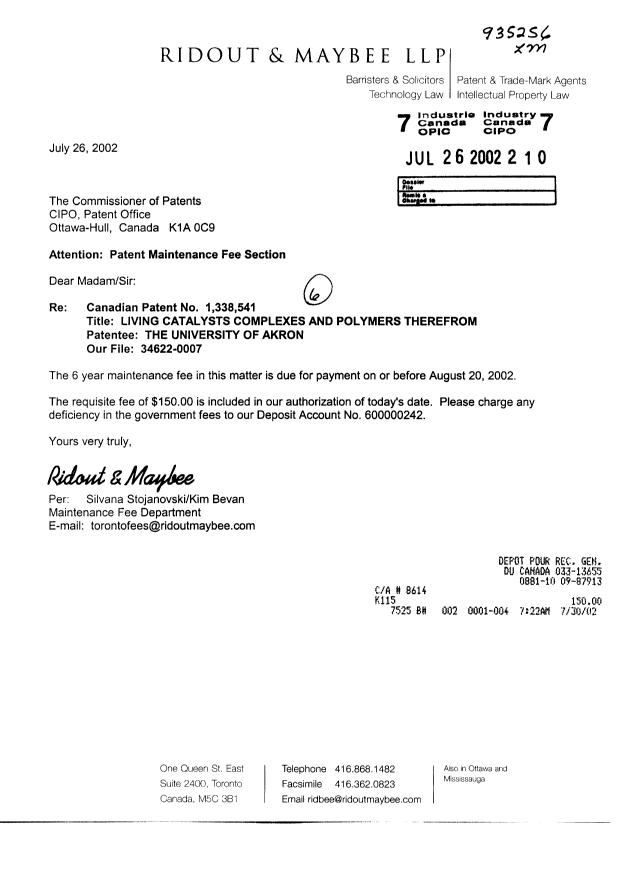 Document de brevet canadien 1338541. Taxes 20020726. Image 1 de 1