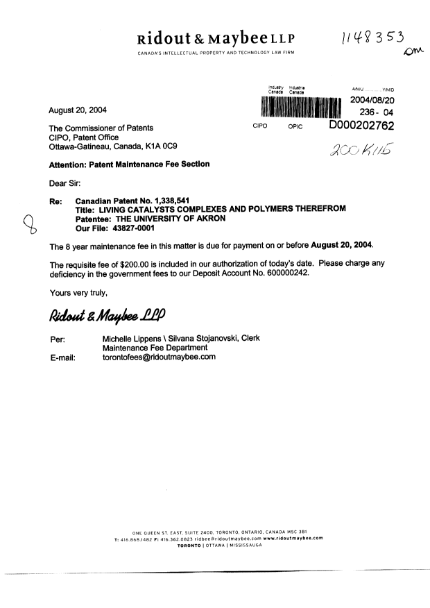Canadian Patent Document 1338541. Fees 20040820. Image 1 of 1