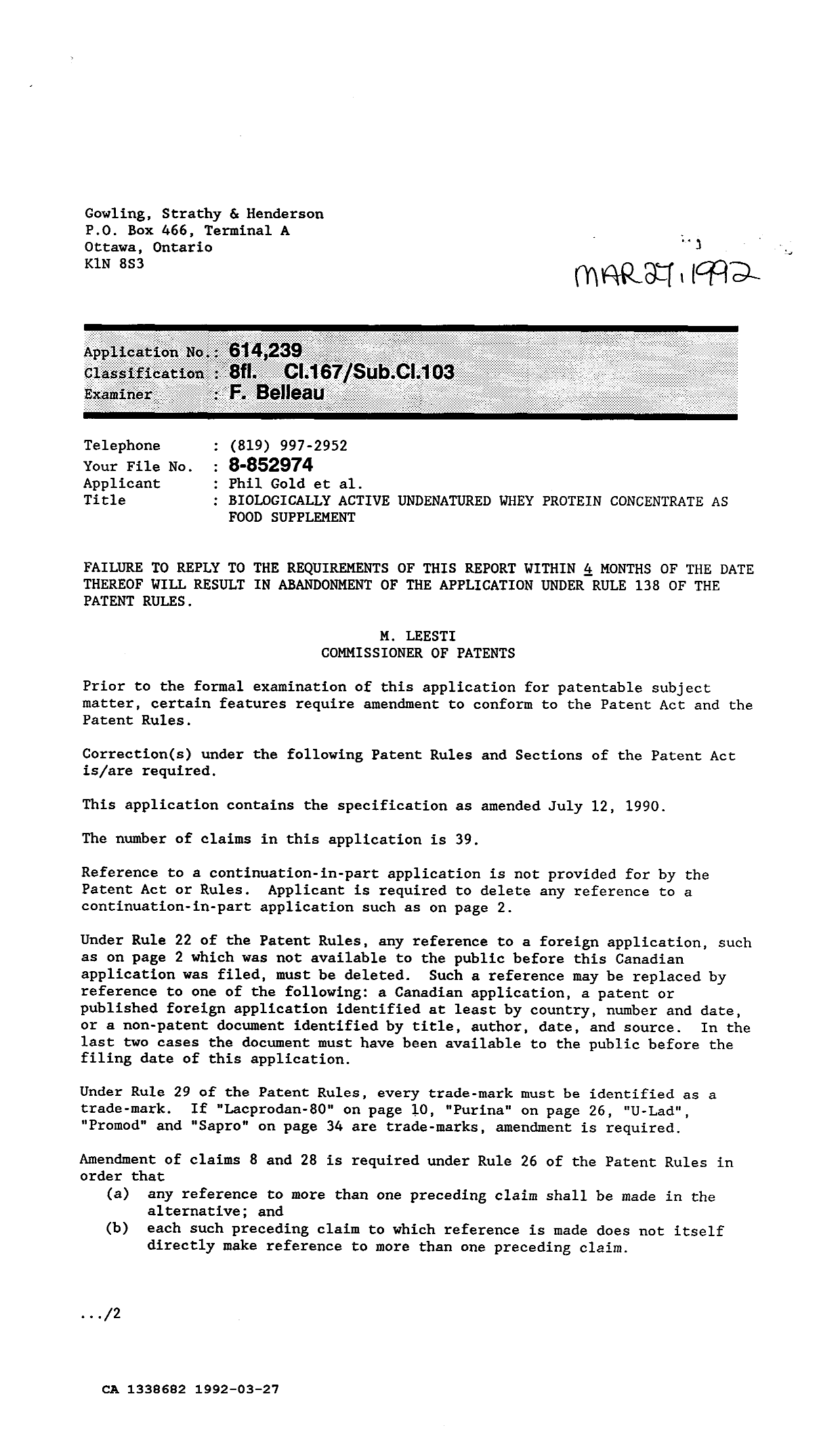 Document de brevet canadien 1338682. Demande d'examen 19920327. Image 1 de 2