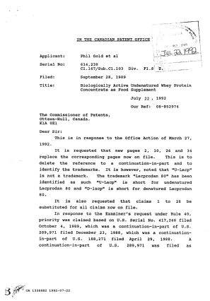 Canadian Patent Document 1338682. Prosecution Correspondence 19920722. Image 1 of 4