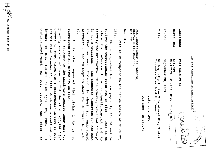 Document de brevet canadien 1338682. Correspondance de la poursuite 19920722. Image 1 de 4