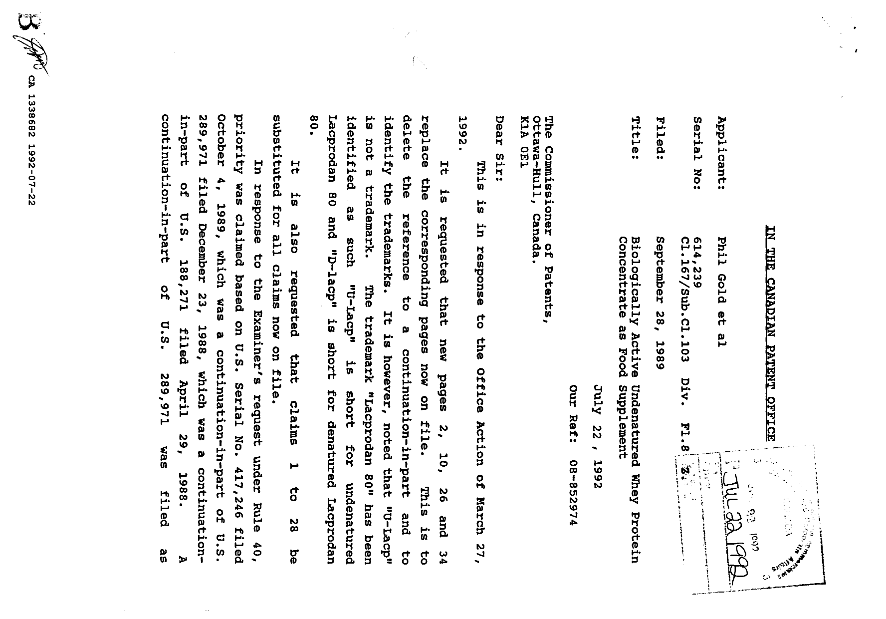 Canadian Patent Document 1338682. Prosecution Correspondence 19920722. Image 1 of 4