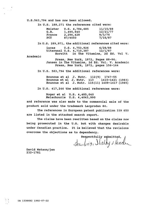 Canadian Patent Document 1338682. Prosecution Correspondence 19920722. Image 2 of 4