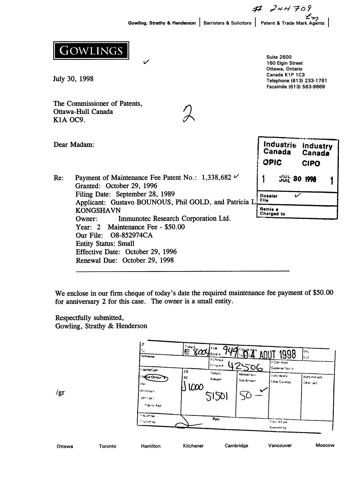 Document de brevet canadien 1338682. Taxes 19971230. Image 1 de 1