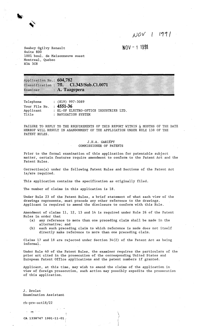 Canadian Patent Document 1338747. Examiner Requisition 19911101. Image 1 of 2