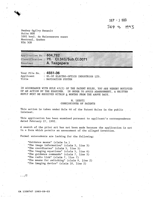 Canadian Patent Document 1338747. Examiner Requisition 19930903. Image 1 of 3
