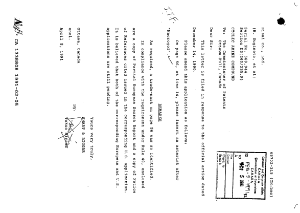 Document de brevet canadien 1338808. Correspondance de la poursuite 19910205. Image 1 de 7