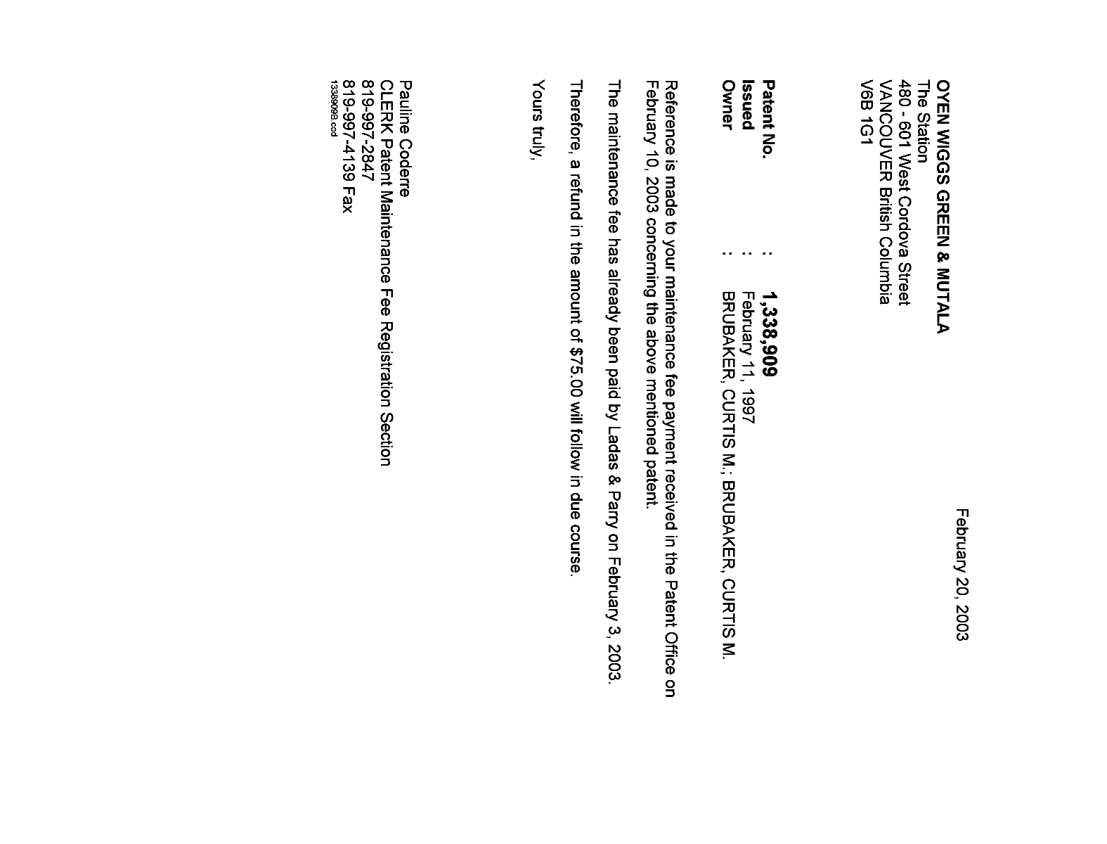 Canadian Patent Document 1338909. Correspondence 20030220. Image 1 of 1
