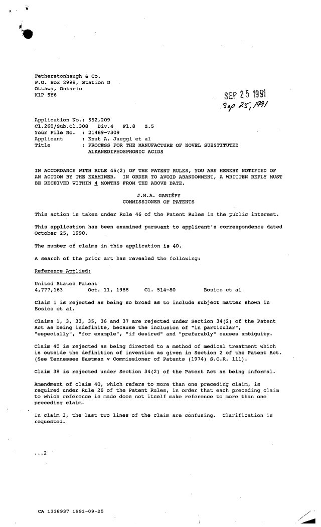 Document de brevet canadien 1338937. Demande d'examen 19910925. Image 1 de 2