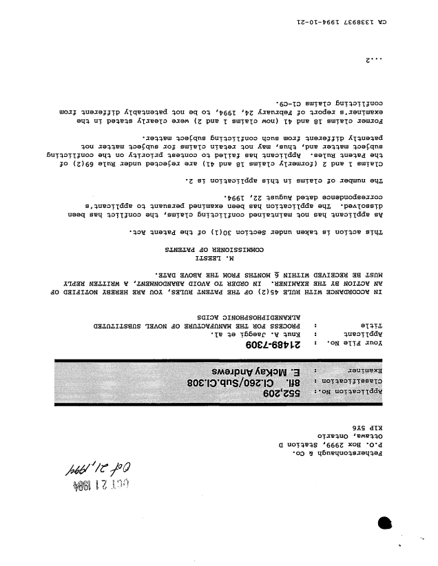 Canadian Patent Document 1338937. Examiner Requisition 19941021. Image 1 of 2