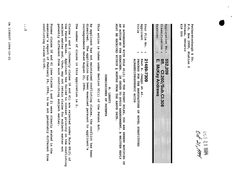 Document de brevet canadien 1338937. Demande d'examen 19941021. Image 1 de 2