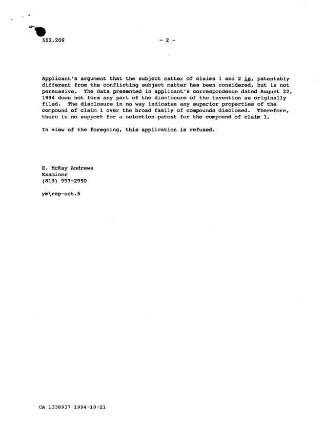Document de brevet canadien 1338937. Demande d'examen 19941021. Image 2 de 2