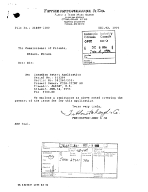 Document de brevet canadien 1338937. Correspondance reliée au PCT 19961202. Image 1 de 1