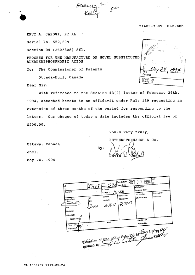 Document de brevet canadien 1338937. Correspondance reliée au PCT 19970524. Image 1 de 2