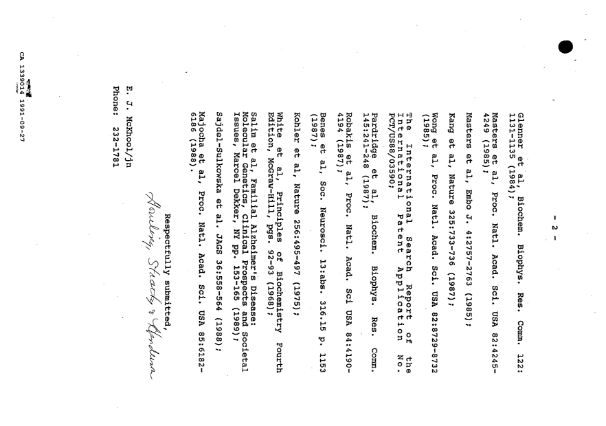 Canadian Patent Document 1339014. Prosecution Correspondence 19910927. Image 2 of 2