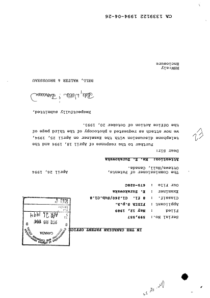 Canadian Patent Document 1339122. PCT Correspondence 19940426. Image 1 of 1