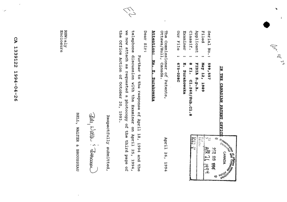 Document de brevet canadien 1339122. Correspondance reliée au PCT 19940426. Image 1 de 1