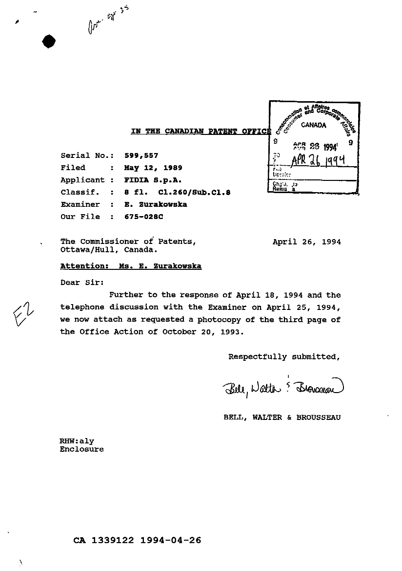 Document de brevet canadien 1339122. Correspondance reliée au PCT 19940426. Image 1 de 1