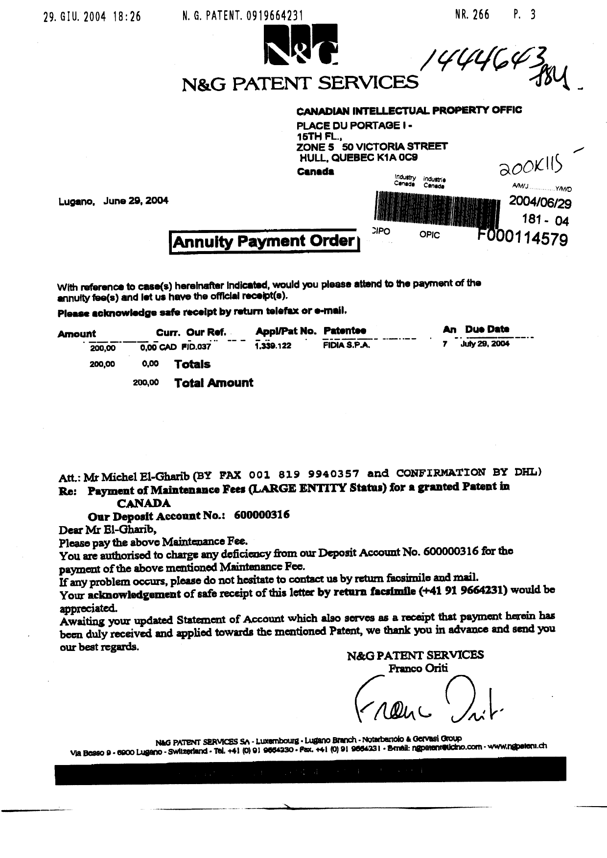 Document de brevet canadien 1339122. Taxes 20040629. Image 1 de 1