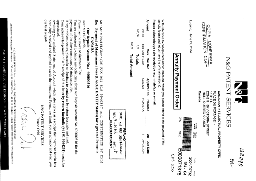 Document de brevet canadien 1339122. Taxes 20040702. Image 1 de 1